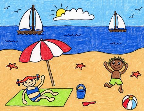 Beach Drawing Beach Art Projects, Drawing Pictures For Kids, Scenery Drawing For Kids, Beach Coloring Pages, Drawing Videos For Kids, Summer Drawings, Beach Drawing, صفحات التلوين, Easy Drawings For Kids