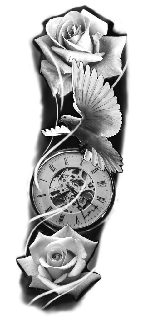 Roses With Clock Tattoo Design, Rose Pocket Watch Tattoo, Dove Clock Rose Tattoo Stencil, Clock Roses Tattoo Design, Rose Watch Tattoo Design, Dove Roses Tattoo Design, Rose And Dove Tattoo Design, Rose And Clock Tattoo Design, Dove Clock Rose Tattoo Design