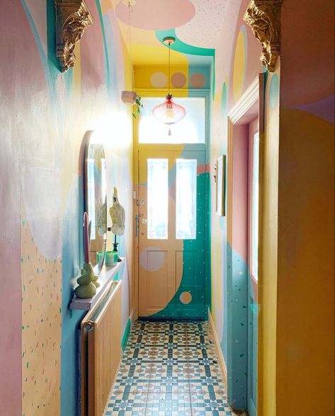 A snapshot of my now *officially tidy hallway ✨ #hallway #hallwaydecor #hallwaydesign #interiordesign #interiordesignideas #interiorinspiration #maximalism #interiorstyle #interiorstylist #homeinspiration #homeideas Painted Hallway, Modern Maximalist, Maximalist Home, Colorful Interior Design, Hallway Design, Hand Painted Wall Art, Hallway Decor, Apartment Decor Inspiration, House Stairs