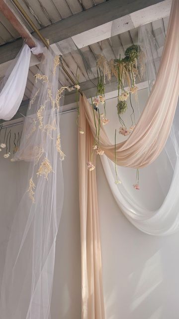 Chiffon Wall Draping, Draped Fabric On Wall, Fabric Draping Photoshoot, Wall Drapes Bedroom, Fabric Hanging From Ceiling, Hanging Fabric From Ceiling, Fabric From Ceiling, Fabric Installation Art, Draped Ceiling