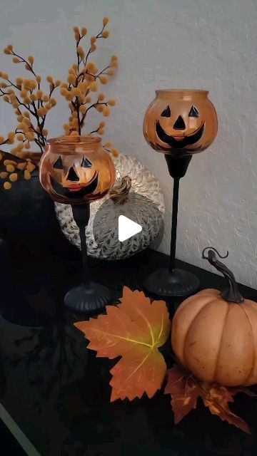 Witch Centerpiece Ideas, Diy Halloween Candle Holders, Halloween Candle Holders, Witch Centerpiece, Dollar Tree Diy Halloween, Halloween Candles Diy, Halloween Diy Ideas, Pumpkin Candle Holder, Pumpkin Candle