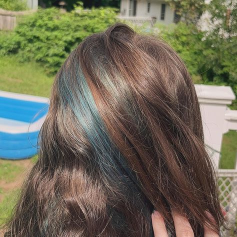 fourth client is ms. emma!! new look for back to school with some beautiful blue bits. had so much fun doing this look & working with a client with such thick hair. didn’t take b4 pics so there’s a few pics at the end with the bleach chunks for the blue! she chose the colors & i made it happen <3 #bluehair #bluehairdontcare #dyedhair #coloredhighlights #backtoschool #littlecousin Hair With Blue Highlights, Blue Brown Hair, Teen Hair, Dyed Hair Blue, Hair Chalk, Blue Tips, Colored Highlights, Teen Hairstyles, Dark Brown Hair