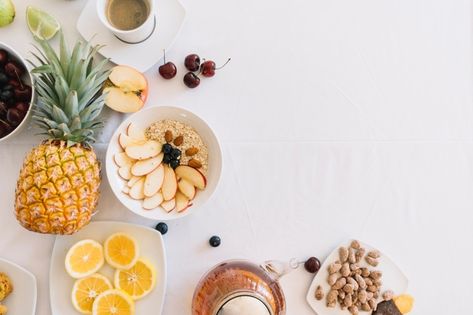 Elevated view of fresh healthy breakfast... | Free Photo #Freepik #freephoto #background #food #coffee #fruit Background Food, Linkedin Background, Food Banner, Food Backgrounds, Health Diet, Recipe Book, Aesthetic Food, Free Photo, Workout Food