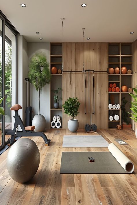 21 Home Gym Ideas - Remodr Gym Room Interior Design, Sport Office Design, Weight Room Ideas Home Gyms, Fitness Room Ideas Home, Cabin Gym, Home Fitness Room, Home Gym Aesthetic, Modern Home Gym Design, Home Gym Room