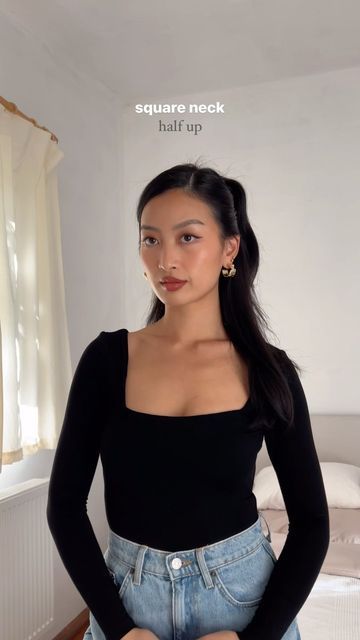 Thanya W. on Instagram: "Hairstyle neckline guide (part 3) 🤍 Do u agree?" V Neck Dress Hairstyles Hair, Hair According To Neckline, Hairstyles For Crew Neck Dress, Hairstyle For Round Neck Top, Hairstyle With Shirt, Black Dress Outfit Makeup, Hairstyles For Shirt Neckline, Turtle Neck Outfit Hairstyle, Hair For Square Neckline Dress