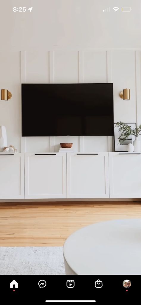 Built In Lower Cabinet Under Tv, Built In Cabinets Tv Wall, Cabinets Around Tv Mounted Tv, Long Living Room Tv Wall, Long Cabinet Under Tv, Wall Mounted Media Cabinet, Board And Batten Entertainment Wall, Build In Tv Cabinet Wall Units Kitchen, Media Wall Cabinet Ideas