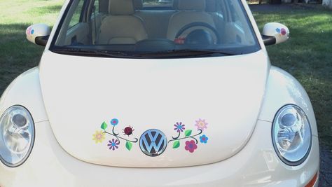 my beetle decorated with stickers from Hippy Motors USA Aesthetic Vw Beetle, Aesthetic Bug Car, Car Stripes Ideas, Cute Vw Beetle Accessories, Vw Beetle Decorations, Volkswagen Beetle Decorations, Vw Beetle Decor, Beetle Car Aesthetic Interior, Cute Volkswagen Beetle