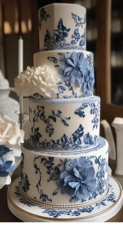 White Floral Wedding Cake, Blue And White Floral Wedding, Blue And White Wedding Cake, Blue Wedding Ideas, White Floral Wedding, Blue And White Wedding, Floral Wedding Cake, Dream Wedding Cake, Enchanted Wedding