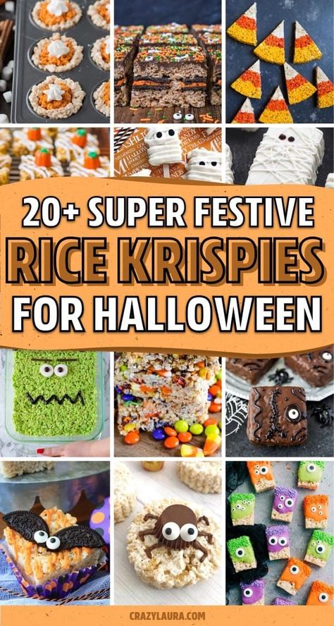 Need a quick and easy dessert recipe to make for your Halloween party!? Check out these super tasty Halloween rice krispie treat recipes for ideas to get started! #halloweentreats #halloweenrecipes #halloweendesserts #halloweenideas Halloween Themed Rice Crispy Treats, Halloween Desserts Rice Krispies, Rice Crispies Halloween, Rice Krispie Treat Halloween Ideas, Halloween Food Ideas Rice Krispies, Cute Halloween Rice Krispy Treats, Rice Crispy Treats Ideas Halloween, Rice Crispy Halloween Ideas, Rice Krispies Halloween Treats