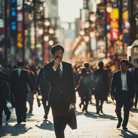 Urban Morning Commute: A businessman talks on his phone while walking down a bustling city street in morning light. #businessman #city #morning #phone #walking #sunlight #street #urban #aiart #aiphoto #stockcake https://ayr.app/l/QKCi City Morning, Morning Commute, Bustling City, City Street, Morning Light, City Streets, Short Film, Business Man, Walking