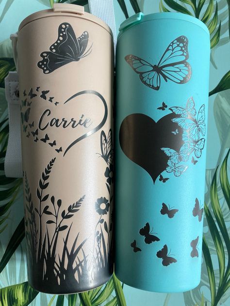 Personalized Engraved Butterfly Flower Tumbler Butterfly Stuff, Flower Tumbler, Cup Ideas, Butterfly Flower, Gift For Her Birthday, Cute Butterfly, Personalized Tumblers, Butterfly Flowers, Birthday Anniversary