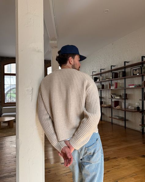 Ethan in the Wool Fisherman Knit (oatmeal, tts) and the Four Pocket Denim (light wash, sized up) available next month Fisherman Sweater Outfit, Ethan Glenn, Fisherman Outfit, Outfit Informal, Guys Style, Masculine Clothing, Mood Bored, Ny Style, Fisherman Sweater