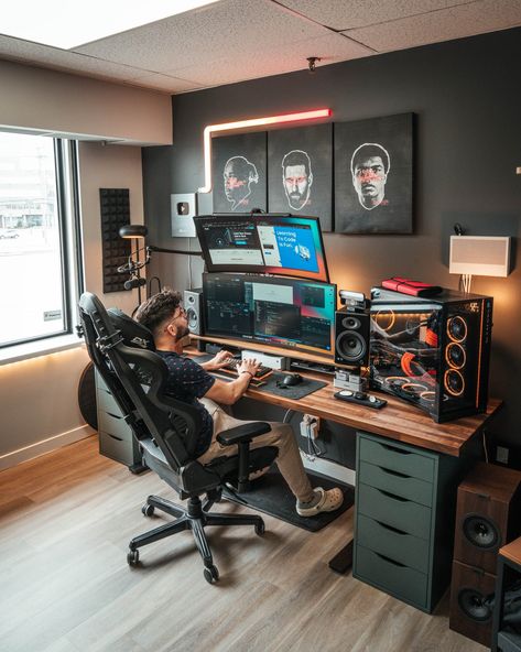 Creative Office Decor, Modern Home Offices, Home Studio Setup, Bedroom Setup, Creative Office, Computer Room, Video Studio, Gaming Room Setup, Gamer Room