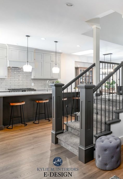 Paint Colour Review: Sherwin Williams Urbane Bronze SW 7048 Sw Urbane Bronze, Revere Pewter Kitchen, Dark Gray Paint Colors, Kylie M Interiors, Urbane Bronze, Urban Bronze, Open Kitchen Layouts, Gray Stairs, Stair Railings