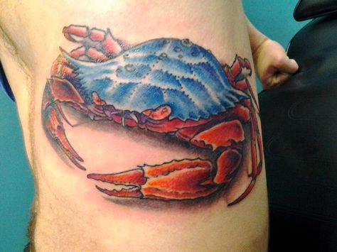 Huge Crab on Ribs, Full-Color Tattoo with Blue and Orange on Ribcage Blue Crab Tattoo, Crab Tattoos, Crab Tattoo, Maryland Blue Crab, Zodiac Tattoos, Blue Crab, Professional Tattoo, Kat Von D, Blue And Orange