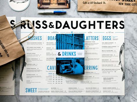 Russ & Daughters Cafe menu Russ And Daughters Nyc, Kelli Anderson, Russ And Daughters, Restaurant Branding, Editorial Layout, Menu Design, The Menu, Graphic Design Typography, Branding Inspiration