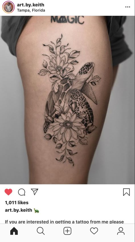 Turtle Forearm Tattoo Women, Sea Turtle Half Sleeve Tattoo, Sea Turtle Hip Tattoo, Sea Turtle Tattoo Thigh, Turtle Tattoo Thigh, Sea Turtle Thigh Tattoo, Turtle Hip Tattoo, Floral Turtle Tattoo, Sea Turtle With Flowers Tattoo