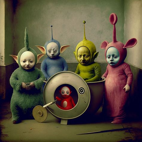 Lee Morrall /fb- I present to you my concept, executed lovingly by MJ, of The Teletubbies painted by Hieronymus Bosch. The Teletubbies, Hieronymus Bosch, Comedy Funny Videos, Surreal Art, Surrealism, You And I, Pop Art, Tattoo Designs, Funny Gif