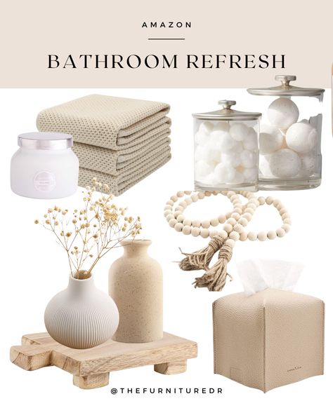 Neutral Bathroom Amazon, Amazon Bathroom Essentials, Spa Inspired Home Decor, Neutral Bathroom Accessories, Glam Spa Bathroom, Neutral Tone Bathroom Ideas, Guest Bathroom Decor Minimalist, Beige Spa Bathroom, Boho Spa Bathroom