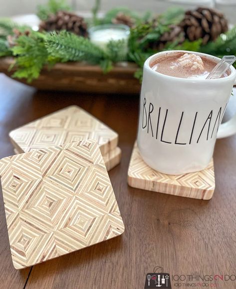 Protect your furniture in style with these unique plywood coasters! #plywoodcrafts #homedecorideas #homedecor #DIYprojects #diycoasters #uniquehomedecor #woodworking #coffeetablecoasters https://zurl.co/M5jL Hand Sander, Plywood Projects, Used Cabinets, Plywood Board, Coffee Table Coasters, Project List, Diy Coasters, Handmade Holiday, Holiday Projects