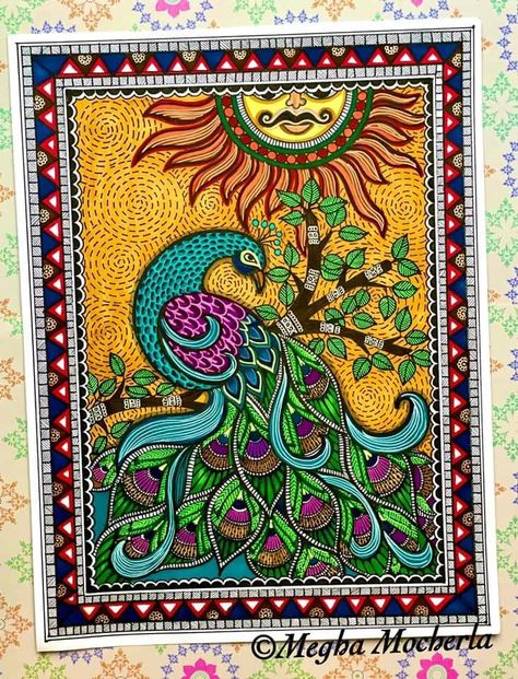 Madhubani Art On A3 Sheet, Katchni Madhubani Painting, Simple File Decoration Ideas, Peacock Madhubani Art, Peacock Madhubani Painting, Madhubani Paintings On Canvas, Madhubani Drawing Easy, Madhubani Art Krishna, Madhubani Art Peacock