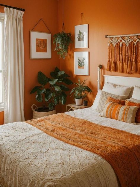 Sunshine Bedroom Aesthetic, Green And Orange Bedroom Ideas, White And Orange Room, Bright Orange Bedroom, White Orange Bedroom, Light Orange Room, Orange And White Bedroom, Orange Room Aesthetic, Orange Accent Wall