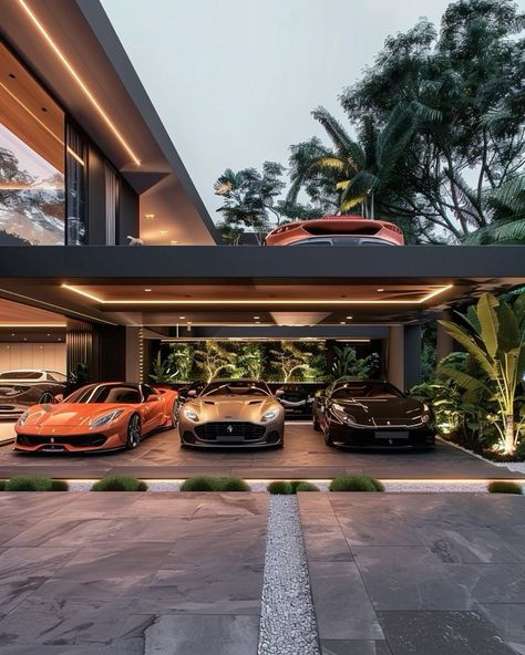 Luxury Carport Design, Luxury Parking Garage, Car Porch Design Modern, Dream Garage Luxury, Luxury House Garage, Car Parking Design Home, Luxury Car Garage Design, Luxury Parking, Car Porch Design