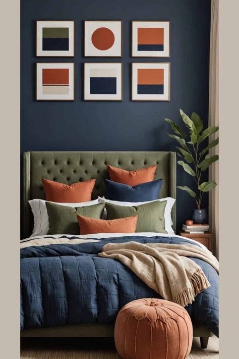 Navy Blue Bedroom Ideas: Where Sophistication Meets Serenity - West Magnolia Charm Navy Upholstered Bed, Navy Velvet Chair, Navy Blue Bedroom Ideas, Blue And Cream Bedroom, Navy Blue Furniture, Navy Blue Bedroom, Navy Blue Paint Colors, Navy Bedroom, White Baseboards