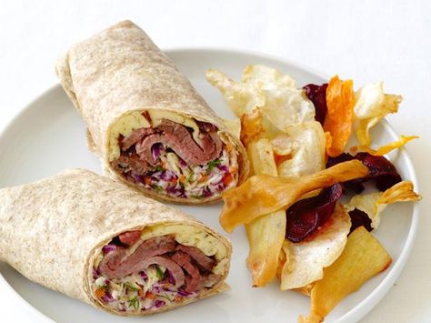 Quick and easy dill slaw, made with preshredded coleslaw mix, gives this lunchtime classic a crunchy, flavorful twist. Dill Slaw, Roast Beef Wrap, Roast Beef And Horseradish, Sweet Potato Ground Beef, Potato Ground Beef, Roast Beef Sandwich, Beef Wraps, Sliced Roast Beef, Food Network Chefs