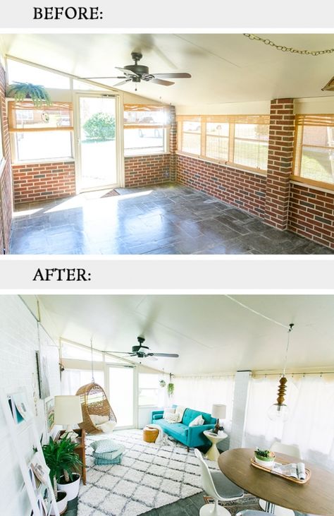 Painted White Brick Sunroom: BEFORE/AFTER Braid Into High Bun, Brick Sunroom, Trendy Updo Hairstyles, Sunroom Curtains, Sunroom Renovation, White Sunroom, Sunroom Makeover, Sunroom Remodel, Mobile Home Makeover