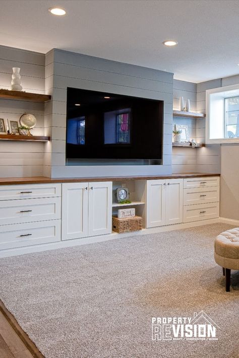 Cabinets And Open Shelving, Basement Living Room Ideas, Basement Built Ins, Basement Bathrooms, Basement Decoration, Basement Living Room, Dream Basement, Built In Shelves Living Room, Living Room Built Ins