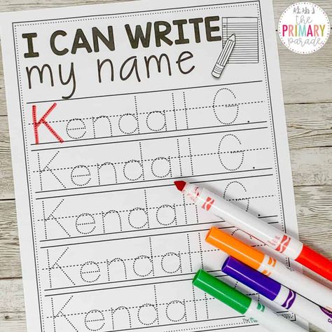 Name Writing Practice: Editable Tracing Template - The Primary Parade Writing Practice Kindergarten, Writing Practice Preschool, Name Writing Activities, Name Activities Preschool, Writing Activities For Preschoolers, Write My Name, Name Template, Teaching Preschoolers, Handwriting Worksheet