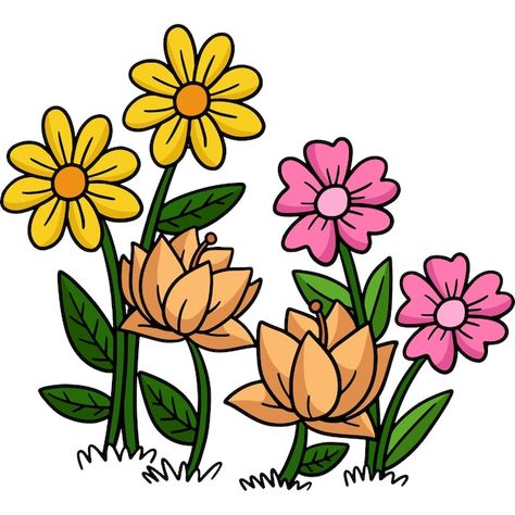 Vector spring flower cartoon colored cli... | Premium Vector #Freepik #vector #hand-drawn-illustration #drawing #cartoon-drawing #cartoon-art Cartoon Flowers Drawing, Flower Garden Drawing, Flower Vector Illustration, Spring Cartoon, Flowers Cartoon, Cartoon Garden, Flower Cartoon, Garden Clipart, Garden Birdhouses