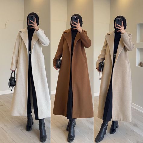 Hijab Coat Style, Long Coat Outfit Hijab, Winter Outfits For Hijabi Women, Coat Hijab Outfit, Winter Hijab Outfits Casual, Women Winter Outfits Casual, Hijab Coat, Hijabi Fashion Winter, Winter Modest Outfits