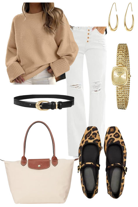 Step into fall with effortless style! 🍂 Pair cozy sweaters and jeans with chic leopard flats for a pop of print, and complete the look with a classic Longchamp bag. This casual yet polished outfit is perfect for everything from brunch to a day of shopping. #FallFashion #CasualChic #LeopardPrint" Cheetah Print Flats Outfits, Leopard Bag Outfit, Leopard Print Flats Outfit, Amazon Fall Outfits, Leopard Print Shoes Outfit, Leopard Flats Outfits, Era Outfits, Cheetah Print Flats, Casual Fall Outfit