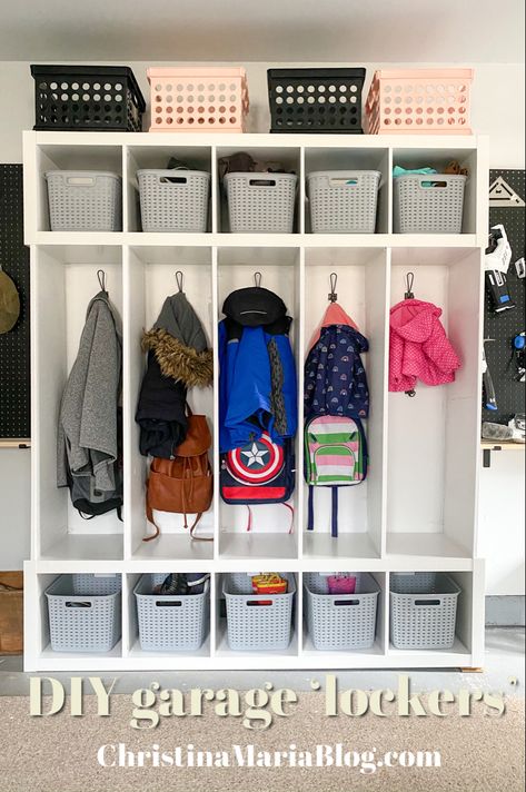 Diy Ikea Lockers, Lockers For Garage, Coat And Shoe Storage Entryway Kids, Garage Storage Lockers, Garage Cubby Storage Diy, Garage Cubbies Lockers, Locker Storage Ideas Entryway, Diy Garage Lockers, Garage Jacket And Shoe Storage