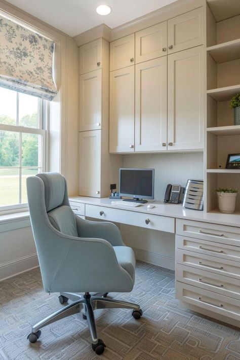 50  Office Built-In Ideas To Maximize Your Workspace Efficiency Office Built In Cabinets And Desk, Craftsman Office, Home Office Built Ins With Desk, Built In Computer Desk, Womens Home Office, Spare Bedroom Office, Bedroom Office Space, Home Office Built Ins, Workspace Ideas