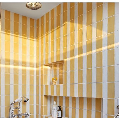 Laura Stephens on Instagram: "Sunny yellow stripes in the bathroom of our SE22 project…..  📷 @james_mcdonald_photography" Pastel Yellow Bathroom, Stripe Tile Bathroom, Yellow Bathroom Vanity, Bathroom Stripes, Yellow Tile Bathroom Ideas, Sunny Bathroom, Yellow Bathroom Ideas, Yellow Tile Bathroom, Yellow Bathroom Tiles