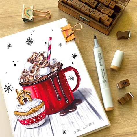 New Year's Drawings, Copic Marker Drawings, Copic Marker Art, Copic Art, 수채화 그림, Sketch Markers, Marker Drawing, Christmas Drawing, Food Drawing