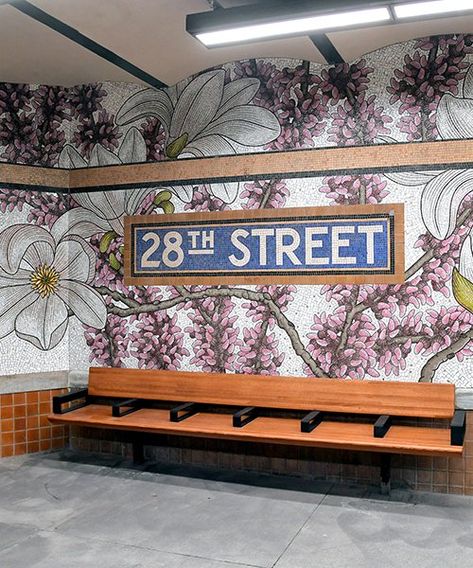 Nyc Subway Art, Gallery Of Modern Art, Floral Mosaic, Mosaic Murals, New York Subway, Magnolia Blossom, Colossal Art, Mosaic Flowers, Traditional Japanese Art