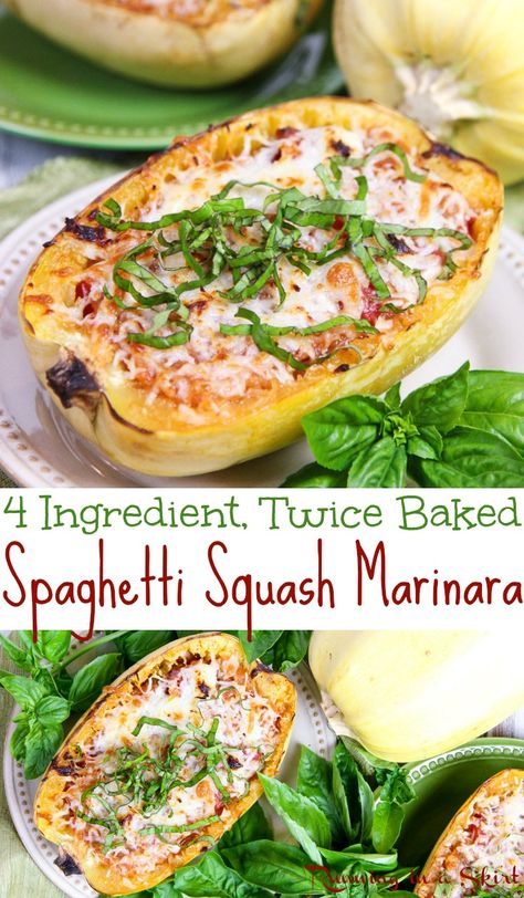 Healthy 4 Ingredient Twice Baked Spaghetti Squash Marinara - with tomatoes and cheese!  This lighter vegetarian baked spaghetti dish is perfect for dinners and meals where you want something easy, simple and low carb.  A fun twist on your favorite comfort foods like baked ziti pasta.  Uses mozzarella, parmesan and basil. Gluten free, vegetarian & low carb. / Running in a Skirt #spaghettisquash  #squash #lowcarb #healthy #vegetarian #recipe #glutenfree via @juliewunder Twice Baked Spaghetti Squash, Twice Baked Spaghetti, Spaghetti Squash Marinara, Marinara Spaghetti, Baked Spaghetti Squash Recipes, Spaghetti Squash Recipes Healthy, Spaghetti Squash Recipes Easy, Tomatoes And Cheese, Marinara Recipe