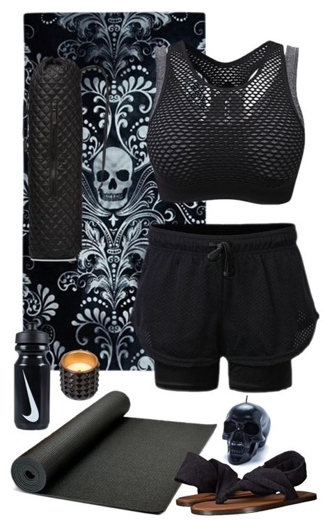 Health Goth Yoga Outfit C by blackbettyblog on Polyvore featuring sanuk, M Z Wallace, Killstar, WoodWick and NIKE Goth Yoga Outfit, Punk Gym Outfit, Goth Athletic Wear, Goth Sportswear, Alternative Activewear, Health Goth Outfits, Goth Workout, Goth Yoga, Dark Beauty Fashion