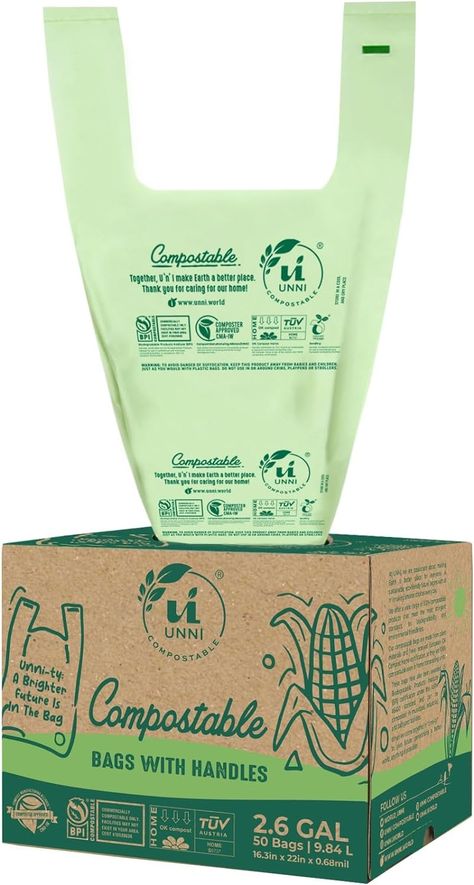 Amazon.com: UNNI Compostable Bags with Handles, 2.6 Gallon, 9.84 Liter, 50 Count, 0.68 Mil, Small Kitchen Food Scrap Waste Bags, T-Shirt Bags, ASTM D6400, US BPI, CMA & OK Compost Home Certified, San Francisco : Health & Household Thank You For Caring, Yard Waste, Garden Compost, Food Scraps, Compost Bags, Food Storage Bags, Tshirt Bag, Kitchen Food, Compost Bin