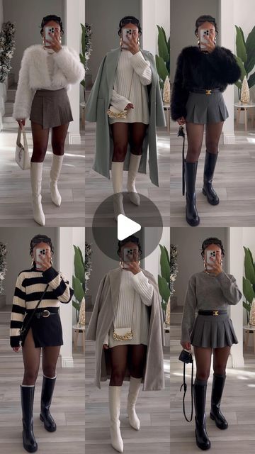 Talia | CONTENT CREATOR on Instagram: "8 chic looks for A/W - choose your favorite look!🖤

🫶🏽 knit sweaters, skirts, skorts, coats, jackets, tights, mini skirts, boots, knee high boots, winter looks, fall fashion, outfits" Mini Skirt Boots Outfit Knee Highs, Mini Skirt With Tights Outfit, Mini Skirt With Stockings Outfit, Mini Plaid Skirt Outfit, Winter Skirt Outfit With Boots, Knee High Boots Outfit Winter, Tights And Skirt Outfit, Skirt With Stockings Outfit, Skirt And Tights Outfit