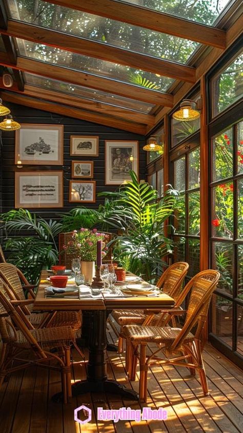 26+ Stunning Sunny Sunroom Ideas That'll Make Your Heart Swoon Screened In Dining Porch, Garden Room Addition, Kitchen Sunroom Combo Farmhouse, Small Conservatory Dining Room Ideas, Tiny House Sunroom, Cottagecore Deck, Arizona Sunroom, Conservatory Bar Ideas, Earthy Sunroom