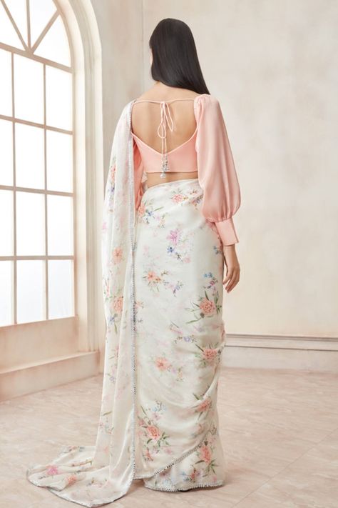 Buy LASHKARAA White Satin Georgette Floral Printed Saree With Plain Blouse Set Online | Aza Fashions Saree Jacket Designs, White Satin Blouse, Embellished Saree, Saree Jackets, Designer Sarees Wedding, Saree Wearing Styles, Simple Saree Designs, Wedding Lehenga Designs, Lehenga Designs Simple