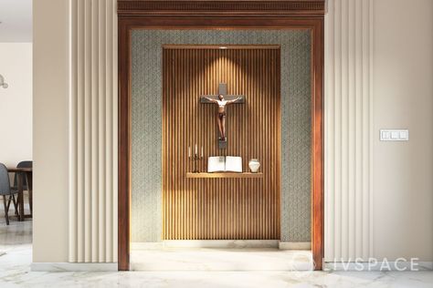 Livspace Brings You Glorious Altar Designs Mausoleum Altar Design, Alter For Home, Alter Design, Wall Molding Design, Home Altar Catholic, Bedroom Inspirations Minimalist, Wooden Panelling, Catholic Altar, Altar Design