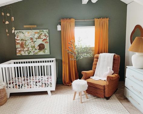 Woodland vibes. Loving the pops of rust paired with the olive wall. So chic!  📸: @_maggieanderson_ Orange Nursery, Baby Nursery Inspiration, Baby Room Neutral, Girl Nursery Room, Nursery Room Design, Baby Room Inspiration, Baby Boy Room Nursery, Green Nursery, Nursery Room Inspiration