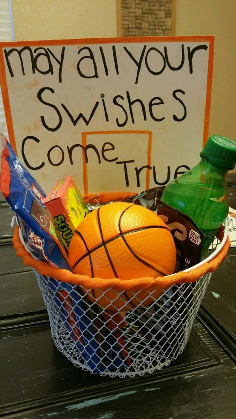 May all your swishes come true. Basketball gift basket. We found everything at the dollar store for a total of under $9. Sports Easter Basket, Gifts For Boyfriend Long Distance, Homemade Gift Baskets, Boyfriend Gift Basket, Senior Night Gifts, Basketball Party, Basketball Theme, Basketball Birthday, Presents For Boyfriend