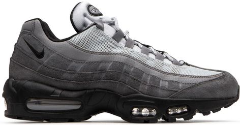 NIKE AIR MAX 95 ANTHRACITE BLACK The Nike Air Max 95 Anthracite Black features an Anthracite, Black-Wolf Grey, and Gunsmoke mesh, leather, and suede upper, with the leather panels bringing out the Wolf Grey, Anthracite Black for some of the detailing and midsoles, and Gunsmoke giving off a slightly lighter shade of grey that tends more toward white rounding out the colorway. From there, both "Nike Air" and "Air Max" logos with dark Anthracite Nike "Swooshes" on the rear sides and a patented Air Winchester, Airmax 95, Black Features, Black Wolf, Air Max 95, Nike Air Max 95, The Wolf, Shades Of Grey, Air Max Sneakers